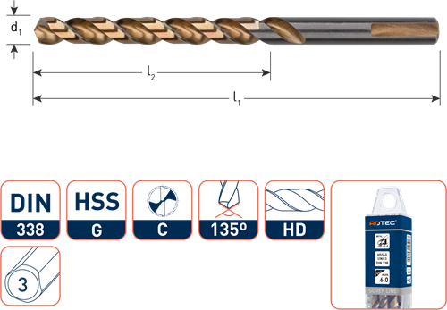 HSS-G spiraalboor, DIN 338, type UNI-3, ø3,0 (10 st.)
