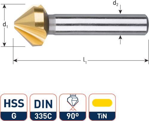 HSS Verzinkfrezen 90° 3 snijk. DIN 335 C TIN 25,0 mm (1 st.)