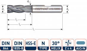 HSS-E Vingerfrees, DIN 844, kort, AlCrN-gecoat, ø4 (1 st.)