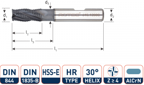 HSS-E Ruwfrees, type HR, DIN 844, kort, AlCrN-gecoat, ø4 (1 st.)